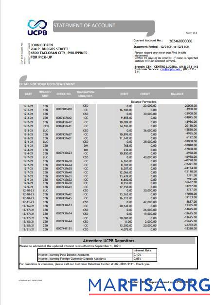Realistic Philippines UCPB bank statement of account excel real example